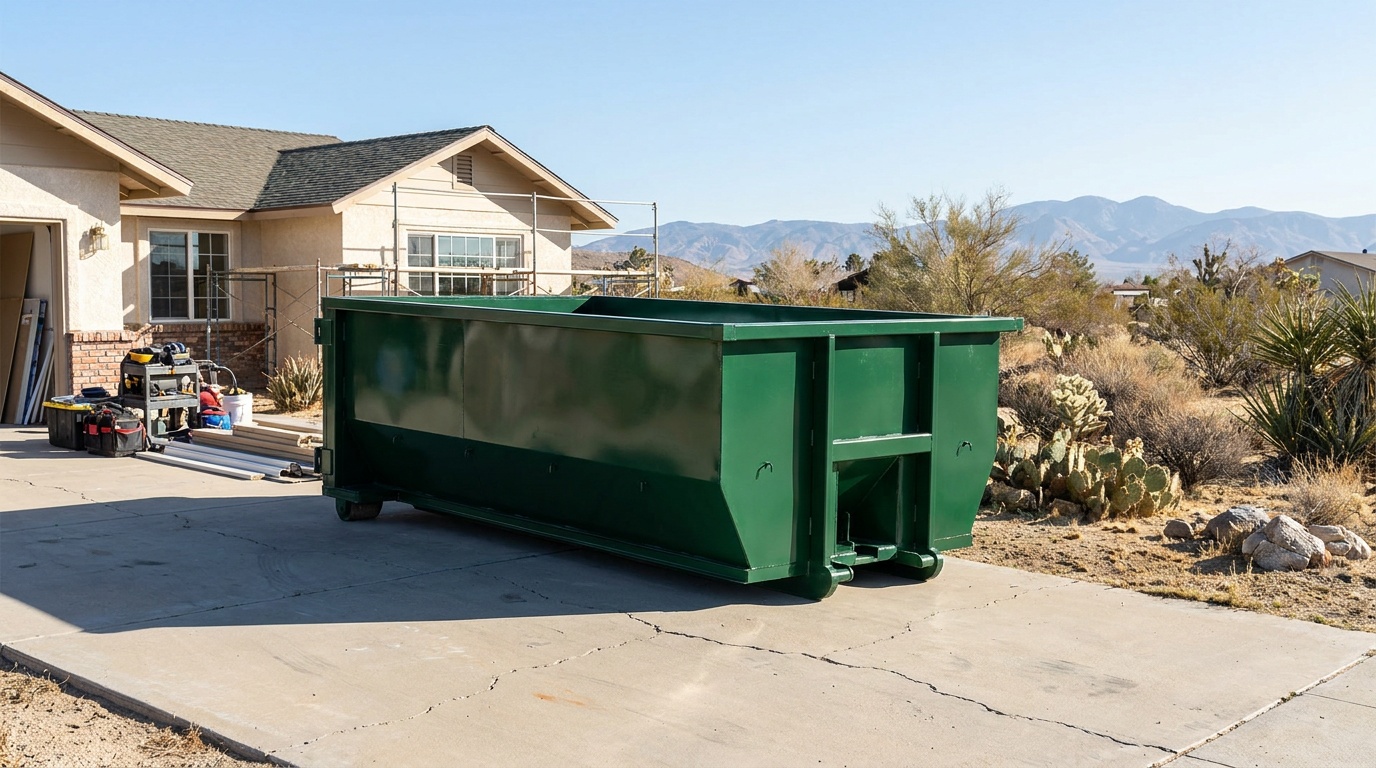Roll-off dumpster on a residential driveway in Fairfield