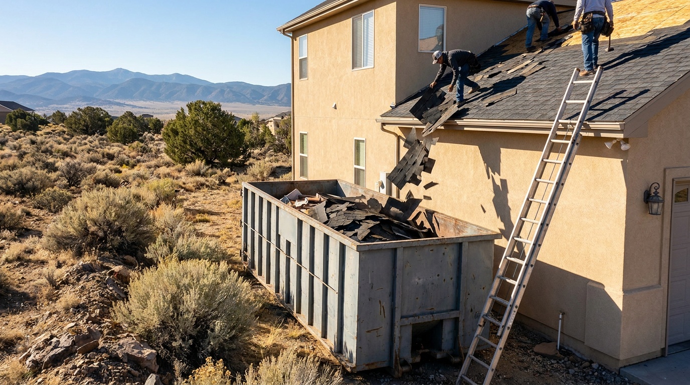 Roofing dumpster during a tear-off in Fairfield
